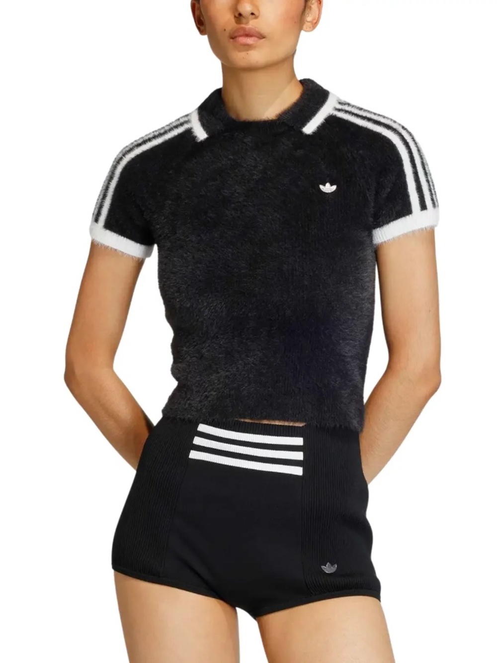 adidas Originals Medium Cali Tee Ribbed Knit Sweater Top KD2428 Black Slim Fit